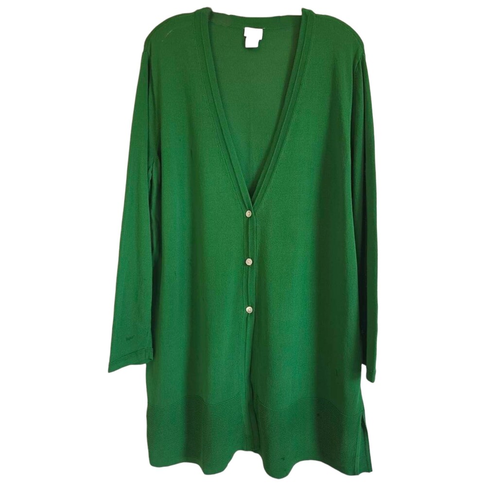 Chicos Size 2 Green Button-Front Long Sleeve Cardigan Sweater